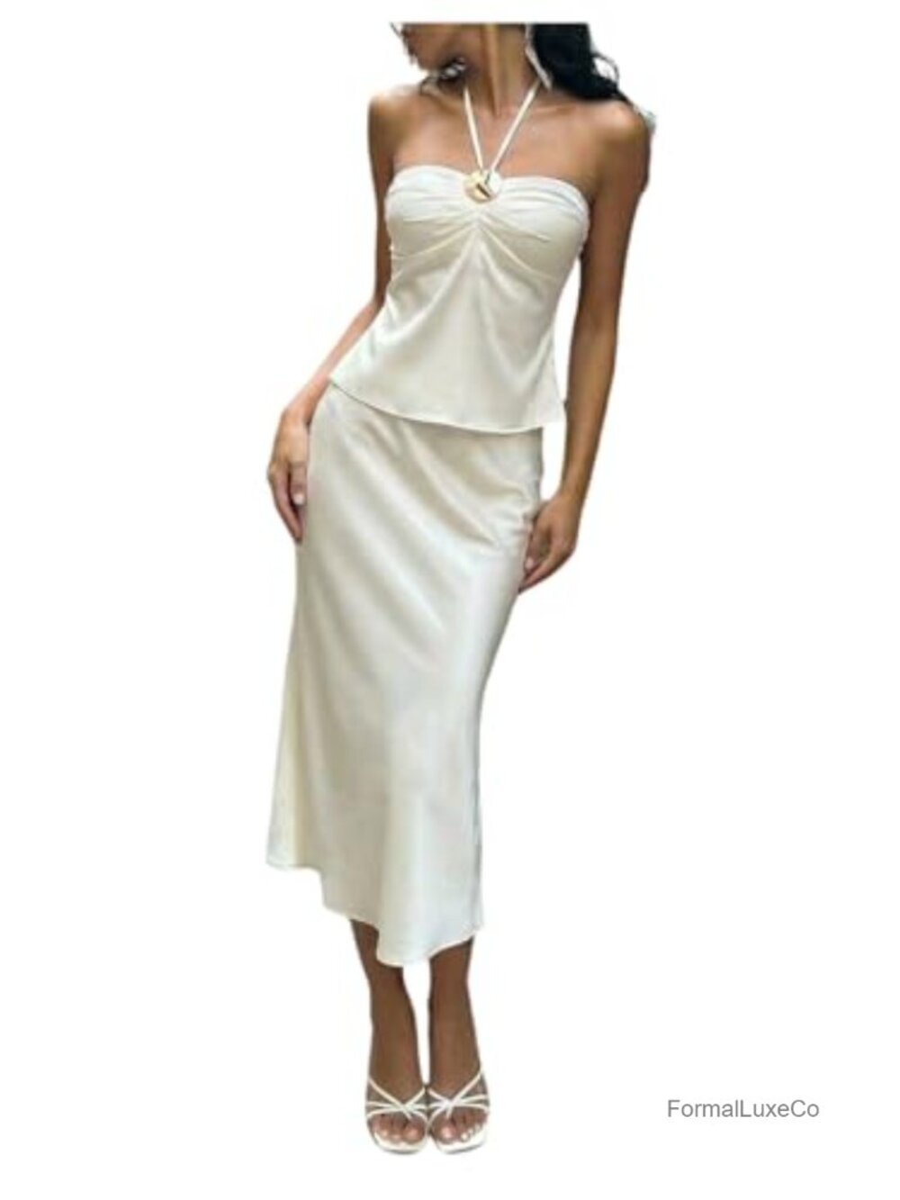 2 Piece Satin Halter Top and Bodycon Midi Skirt Set Slim Fit Party